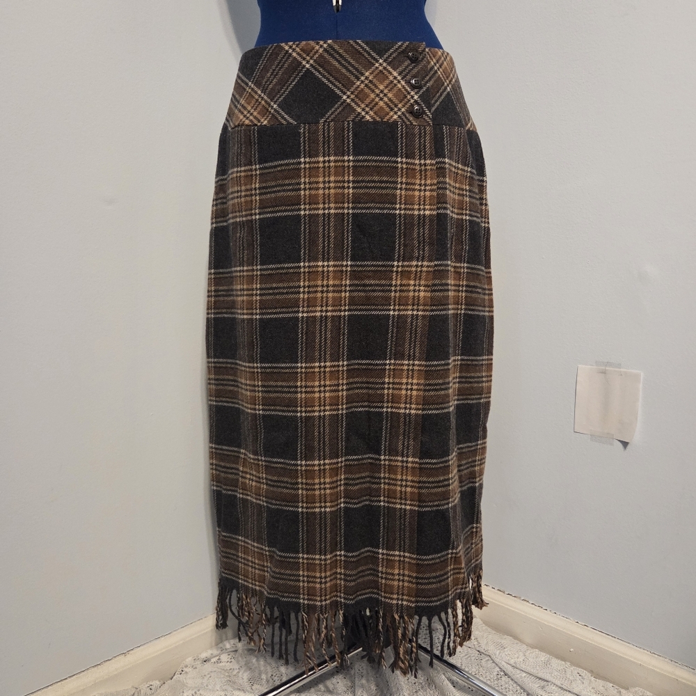 Vintage Wool Blend Brown Plaid Fringe Wrap Midi Skirt Size 10